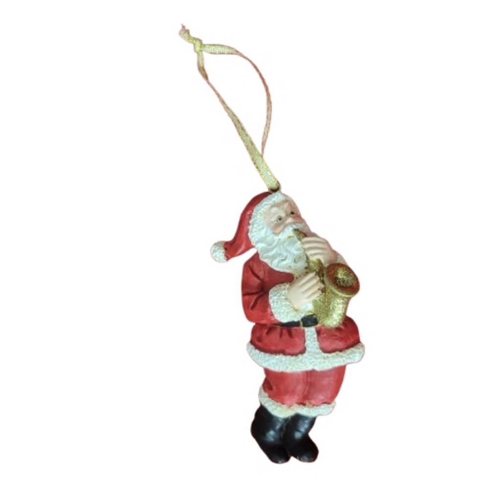 Santa Claus Holiday Ornament Playing Saxaphone with Gold Accents Sax